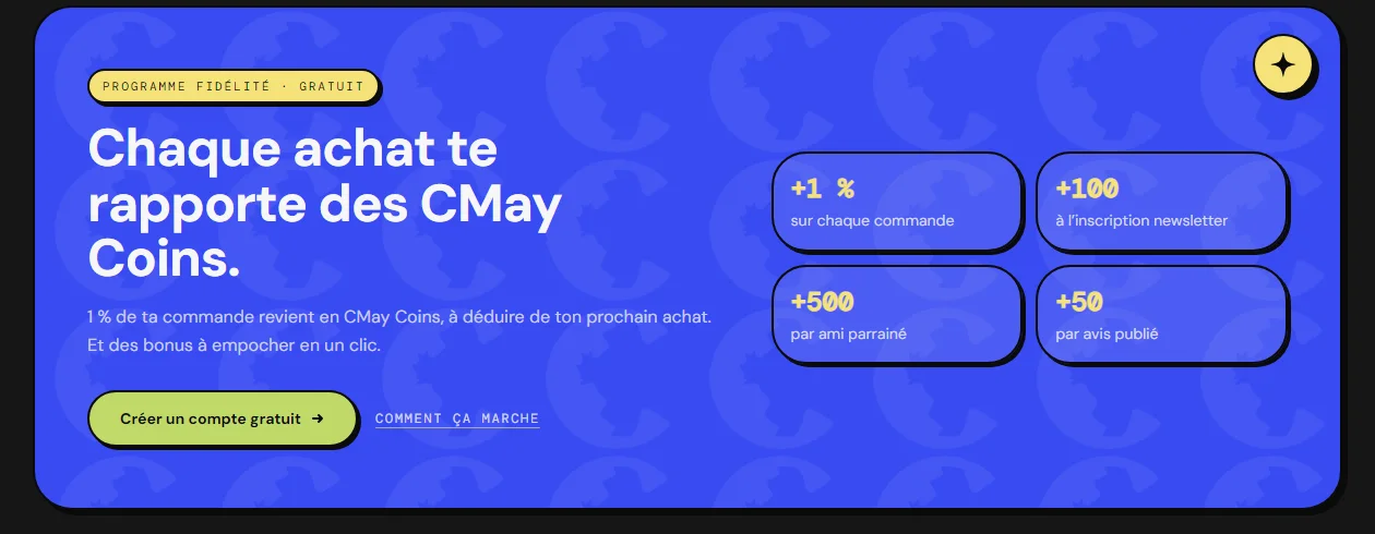Bloque de fidelidad CMay Coins: puntos por pedido y bonos por boletín, referidos y reseñas.