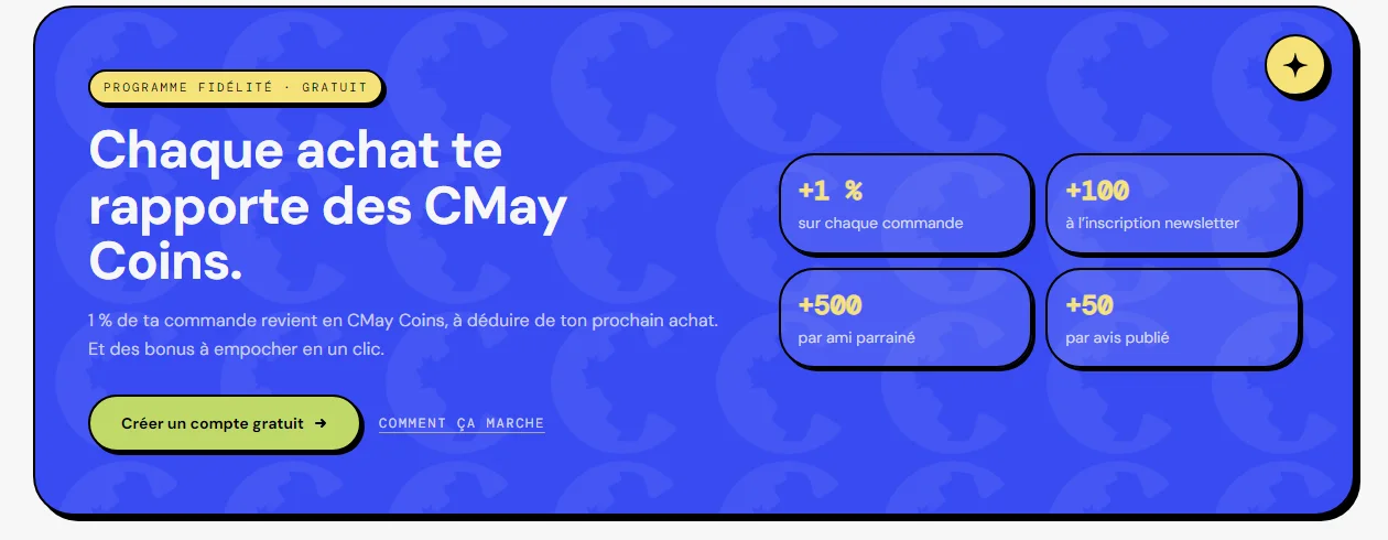 Bloque de fidelidad CMay Coins: puntos por pedido y bonos por boletín, referidos y reseñas.