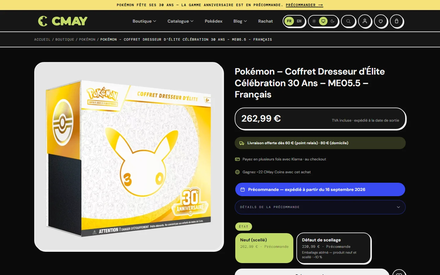 Elite Trainer Box 30th Anniversary product page in preorder: price, delivery, shipping date, condition choice, preorder and express checkout buttons.