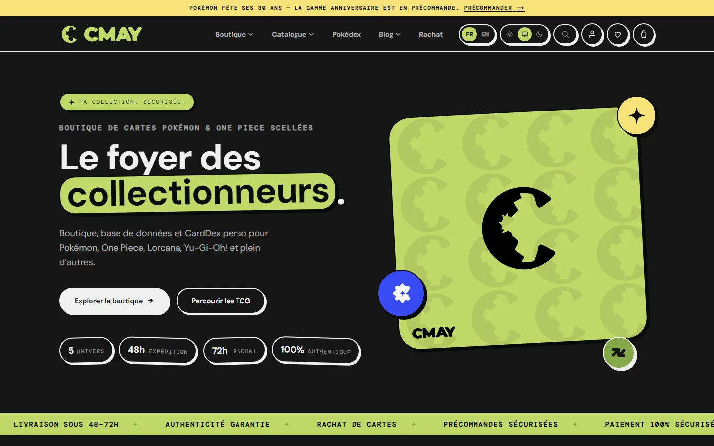 Page d'accueil de CMay Collections : titre « Le foyer des collectionneurs », boutons de la boutique et emblème C vert.