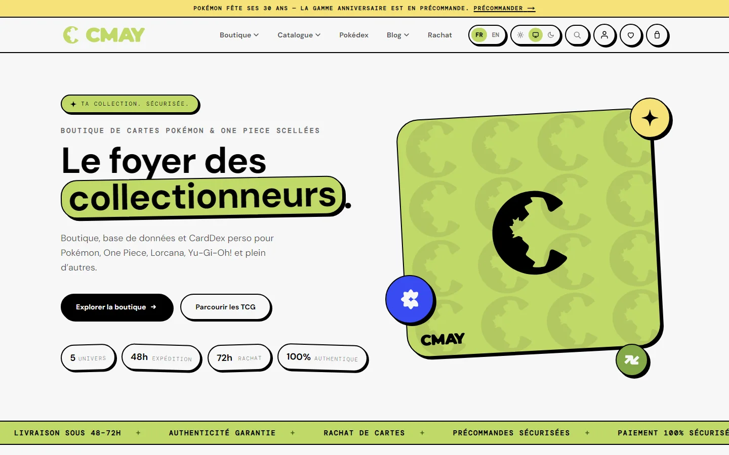 Page d'accueil de CMay Collections : titre « Le foyer des collectionneurs », boutons de la boutique et emblème C vert.