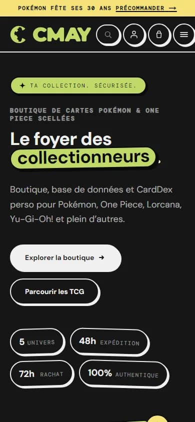 Page d'accueil de CMay Collections sur téléphone.