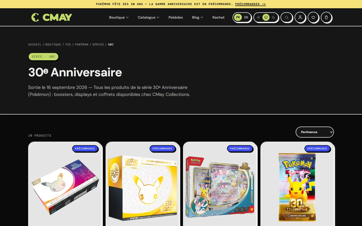 Página de la serie 30.º Aniversario de Pokémon: fecha de salida, 20 productos y distintivos de preventa en cada tarjeta.