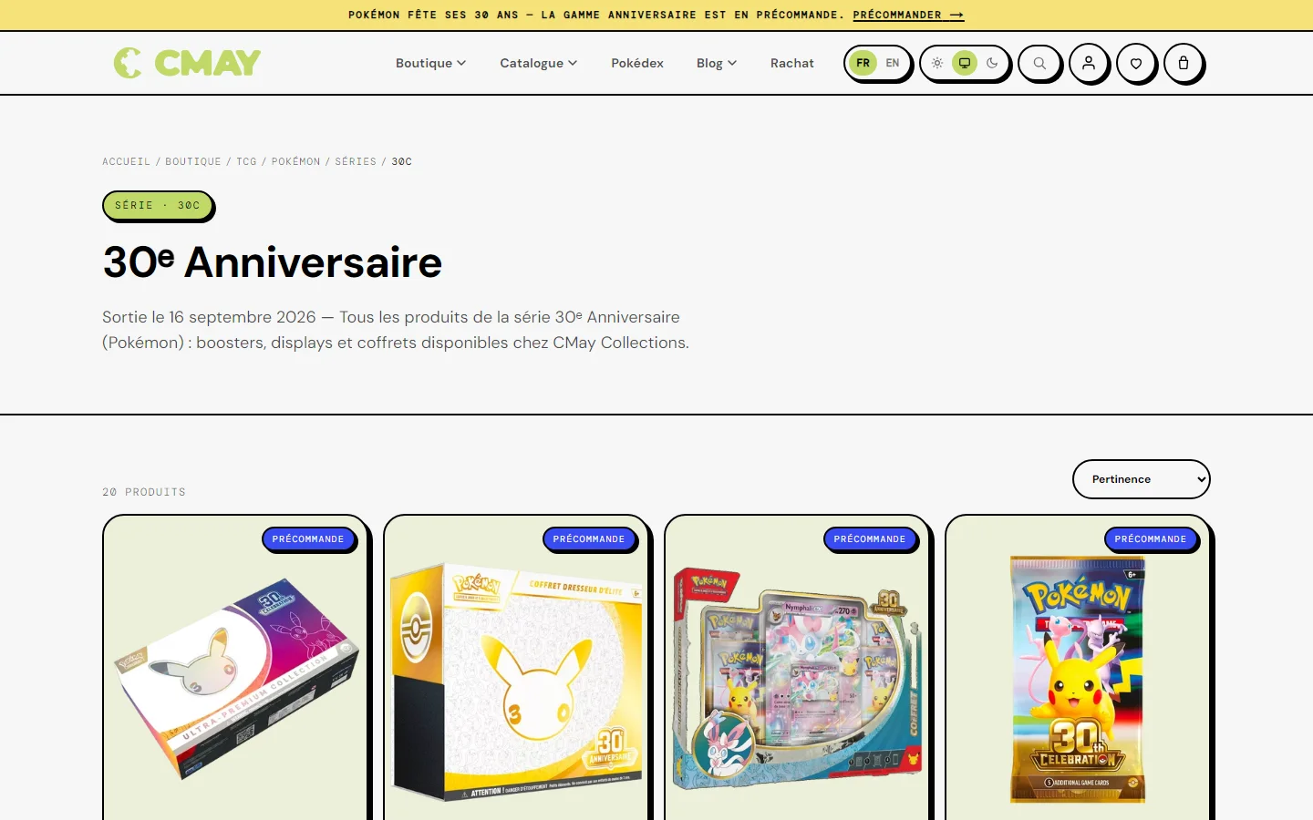 Página de la serie 30.º Aniversario de Pokémon: fecha de salida, 20 productos y distintivos de preventa en cada tarjeta.